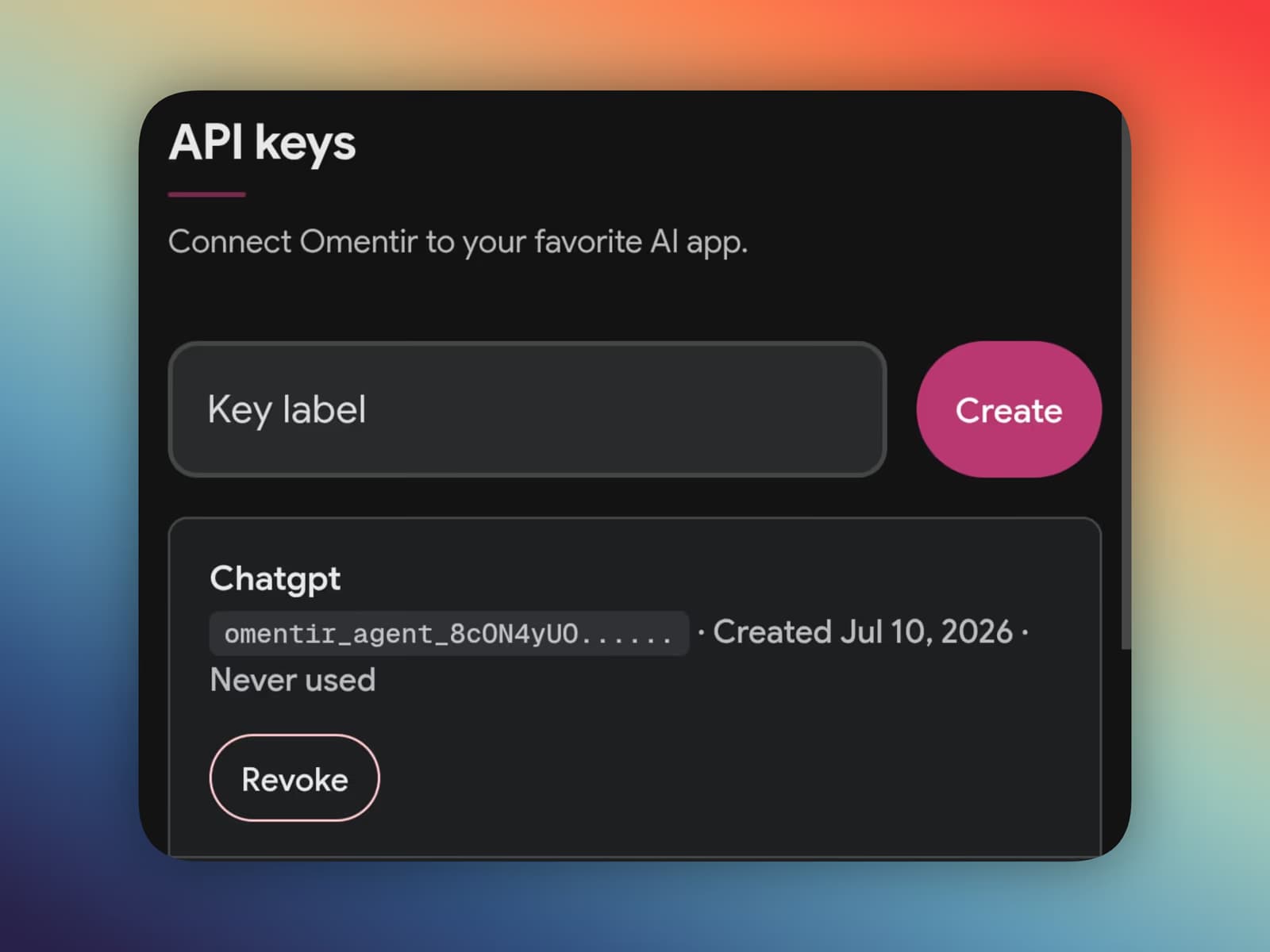 Omentir API key creation screen for agent and script access