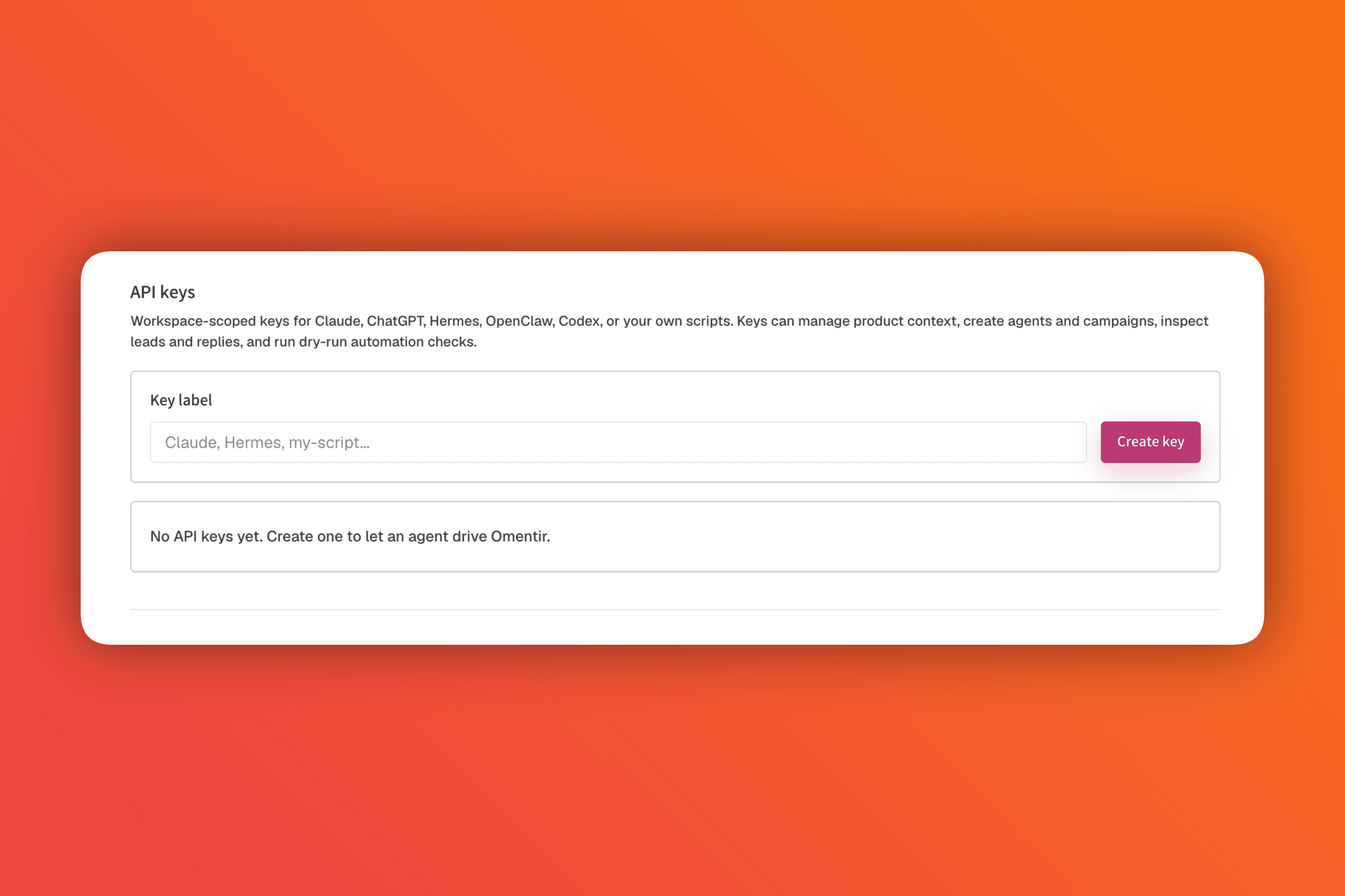 Omentir API key creation screen for agent and script access