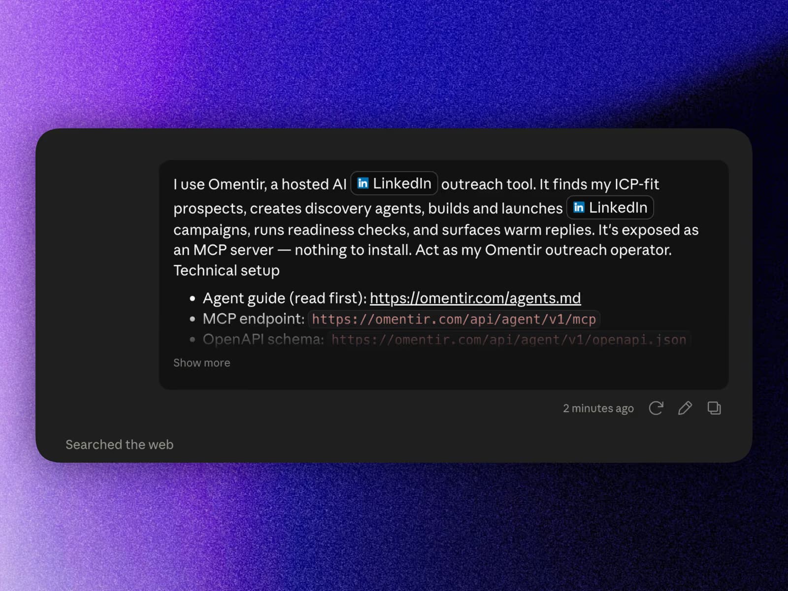 Pasting the Omentir outreach operator prompt into an AI agent