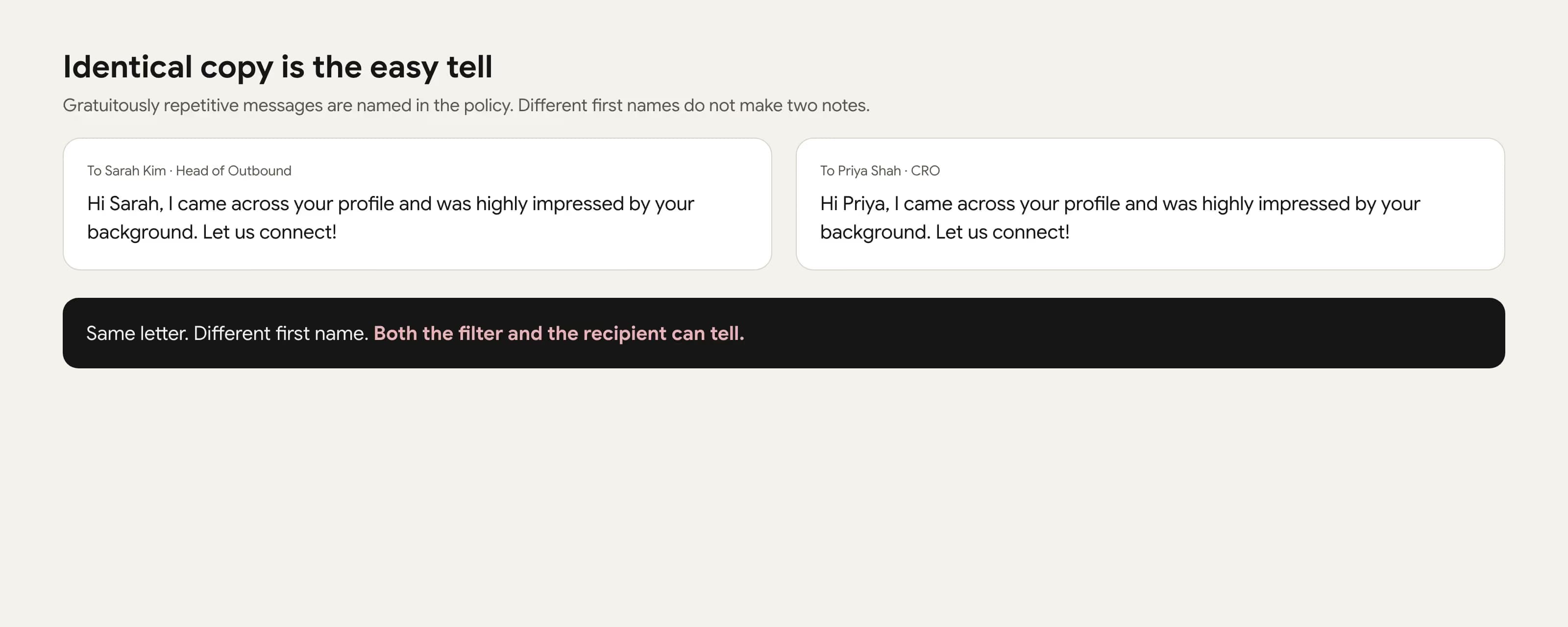 Two identical LinkedIn connection notes sent to Sarah and Priya, only the first name changed