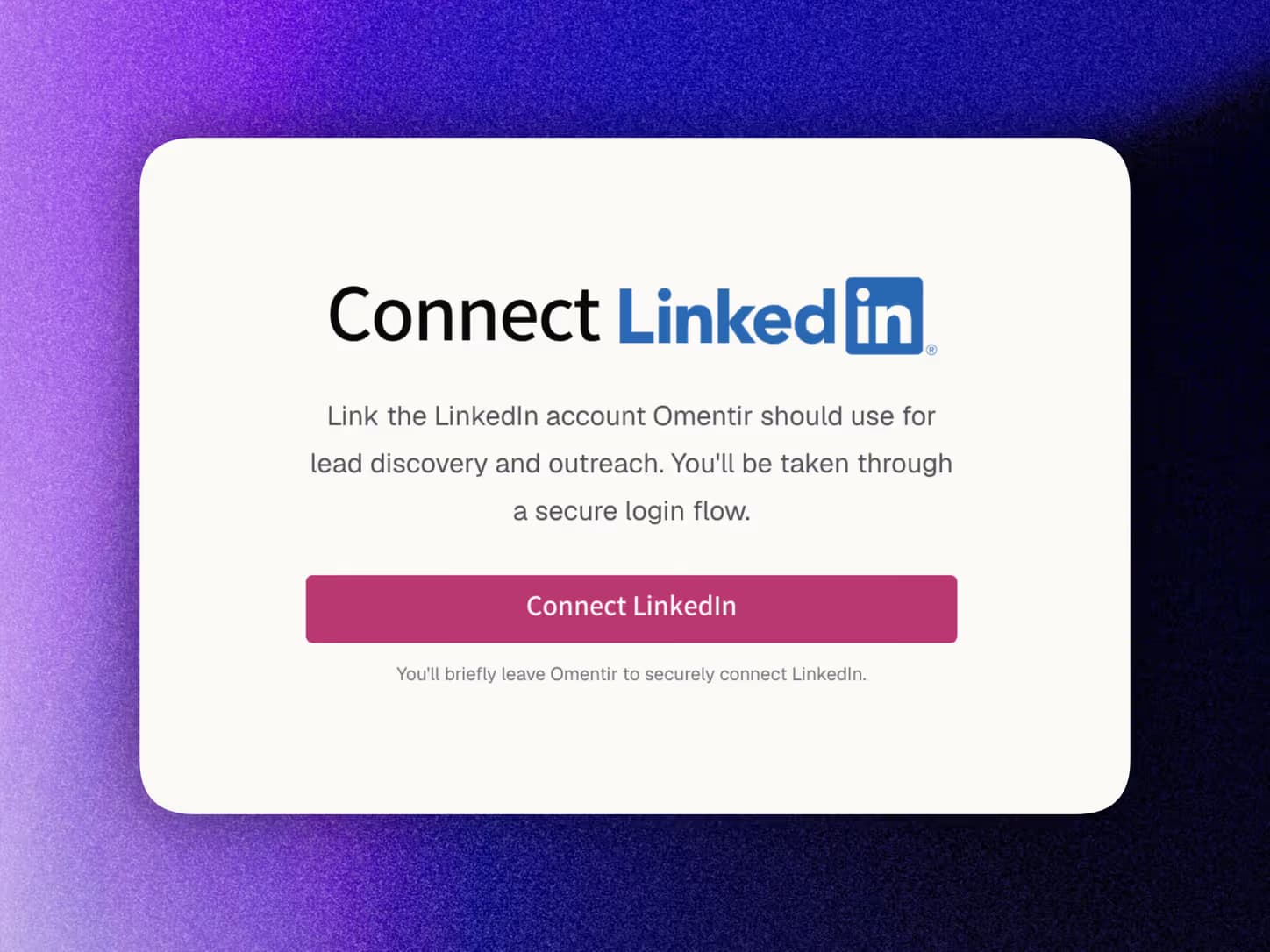 Connect LinkedIn screen in Omentir