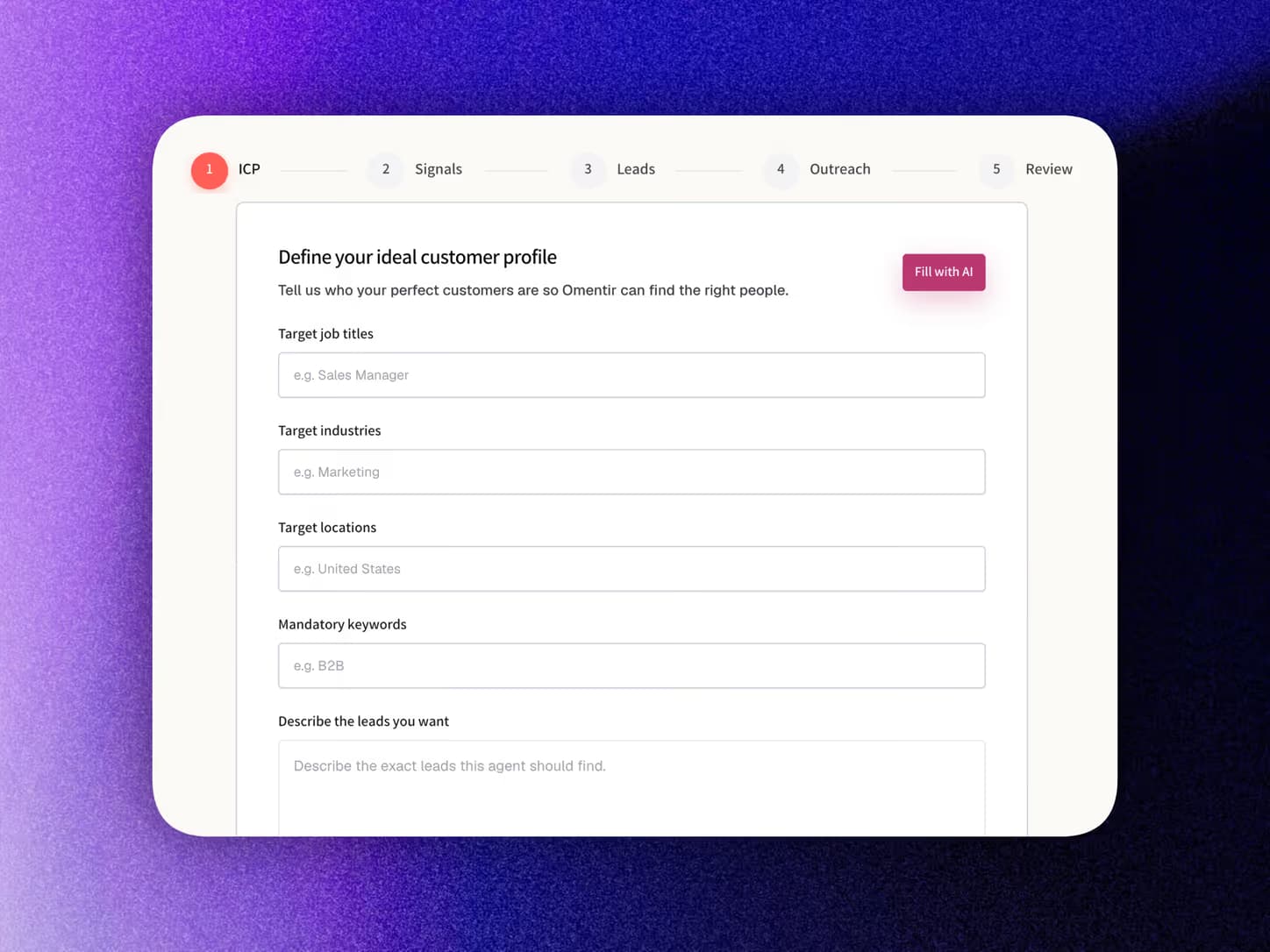 Ideal customer profile setup screen in Omentir