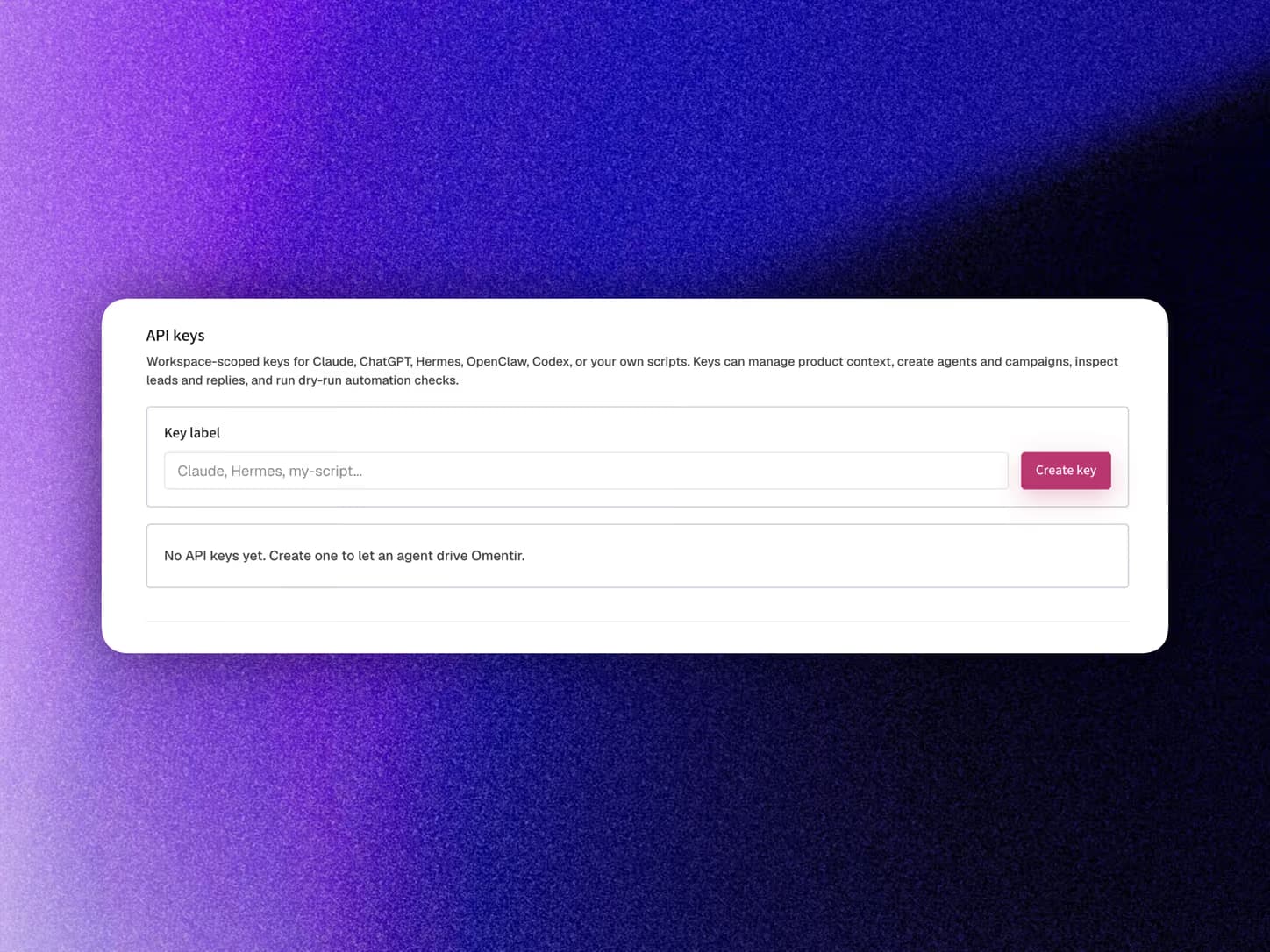 Getting an Omentir API key for an agent connector