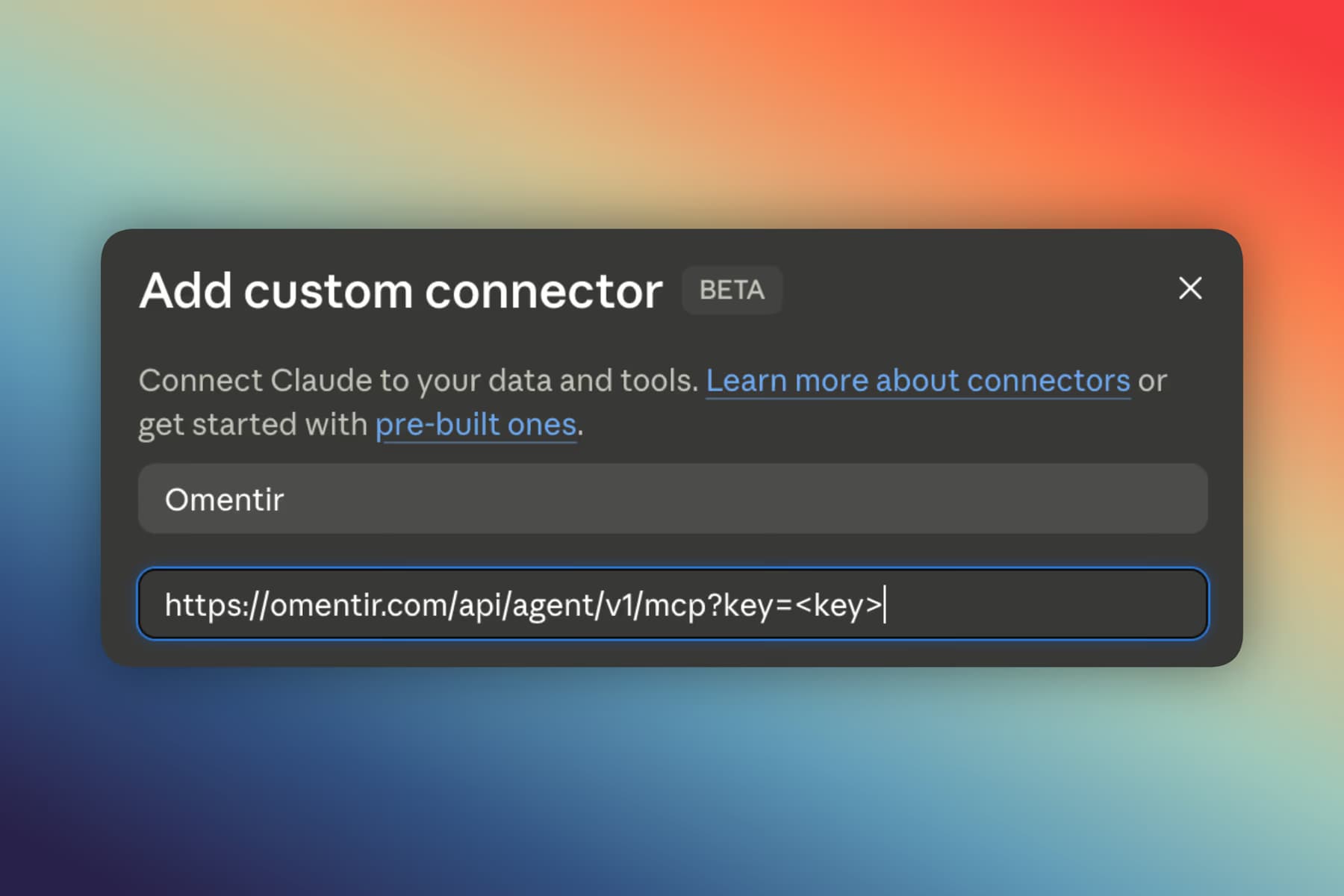 Adding Omentir as a custom connector with the MCP URL
