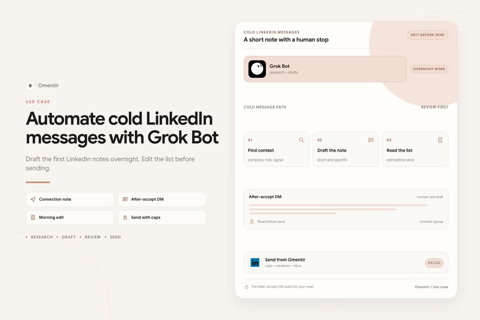 grok bot cold messaging illustration for Omentir