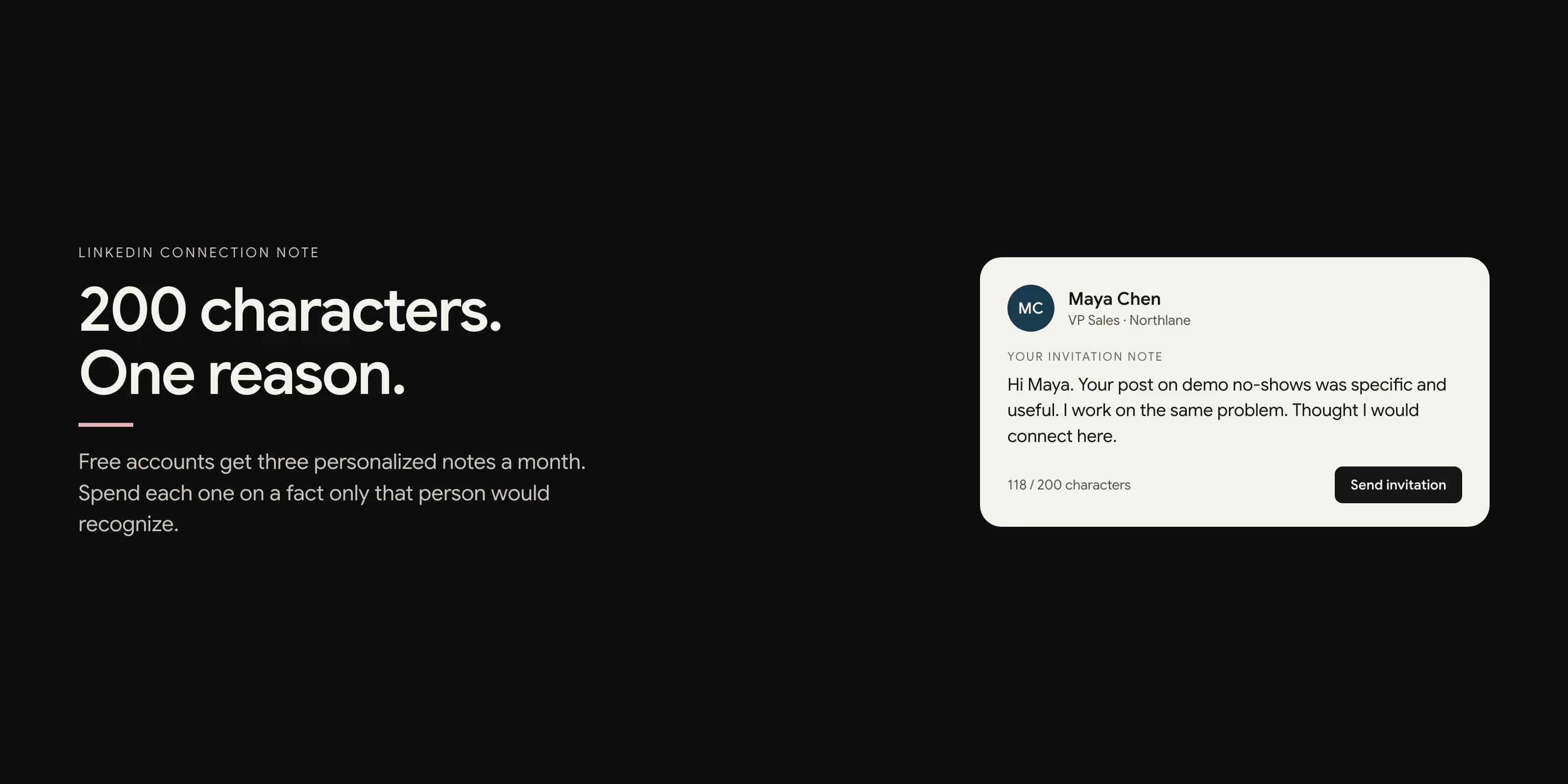 A LinkedIn connection invitation card with a 118-character note to Maya Chen and the 200-character limit