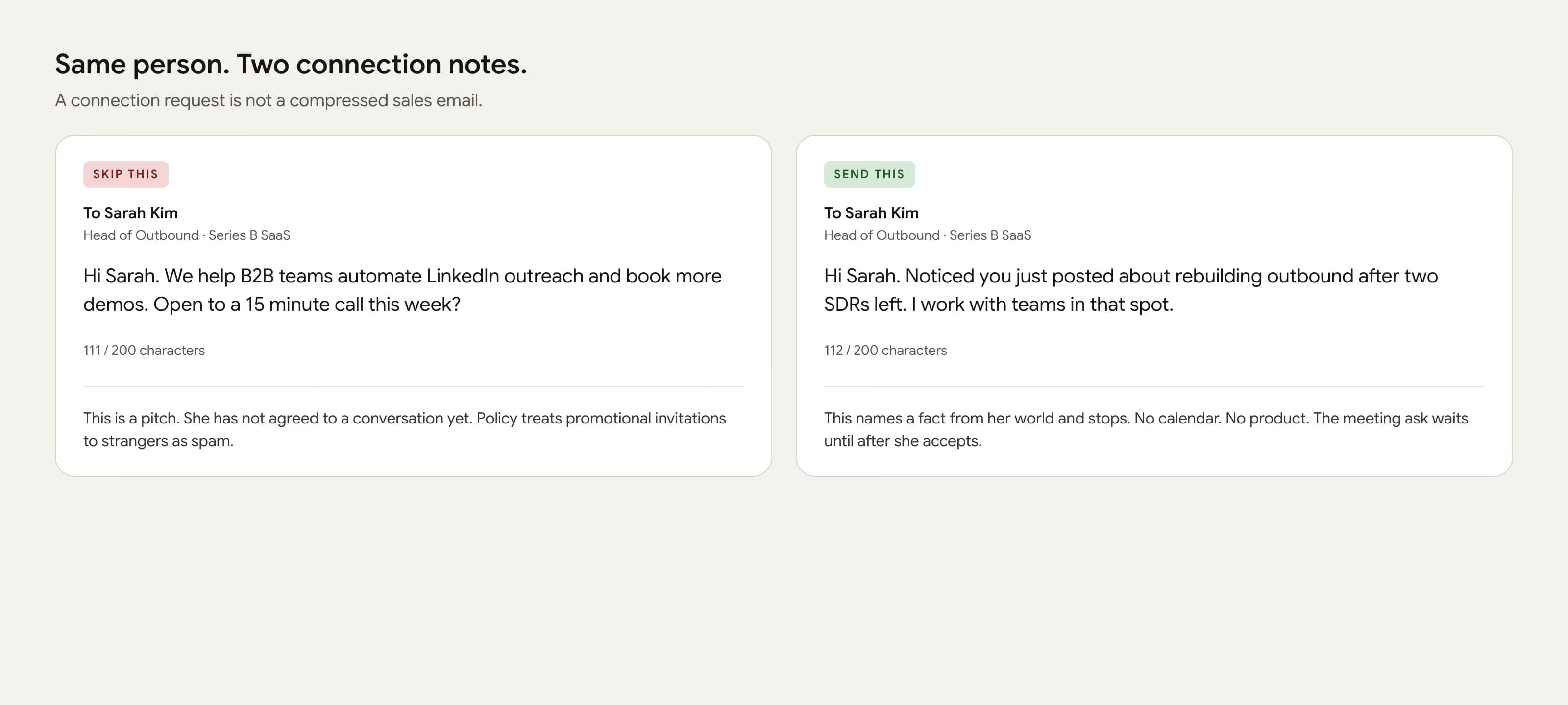 Side by side LinkedIn connection notes: a demo-booking pitch versus a short note about Sarah rebuilding outbound