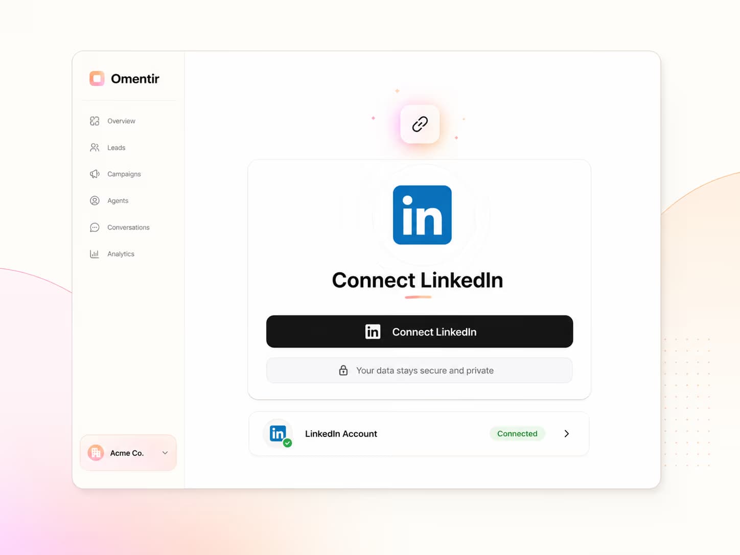 Connect LinkedIn screen in Omentir
