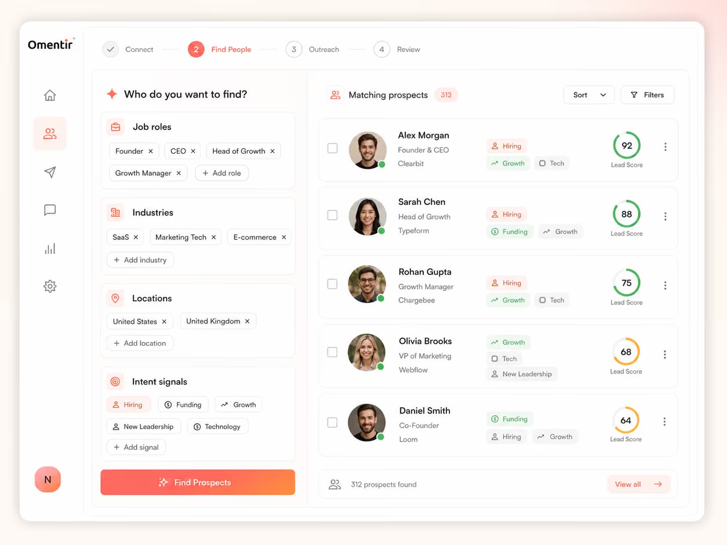 Find prospects screen in Omentir